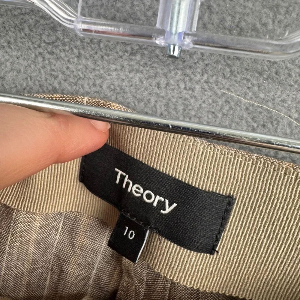 Theory Tan Pinstripe Linen Wide Leg Pants Side Zip‎ Trousers Size 10